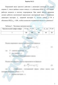 Поршневой насос простого действия с диаметром цилиндра D, ходом поршня S, число двойных ходов в минуту n и объемным КПД ηоб=0,9 подает рабочую жидкость в систему гидропривода. При какой частоте вращения должен работать включенный параллельно шестеренный насос с начальным диаметром шестерне dн, шириной шестерен b, числом зубьев z=30 и объемным КПД ηоб=0,86, чтобы количество подаваемой жидкости удвоилось