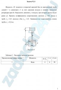 Жидкость Ж подается в открытый верхний бак по вертикальной трубе длиной l и диаметром d за счет давления воздуха в нижнем резервуаре (рис.8). Определить давление p воздуха, при котором расход будет равен Q. Принять коэффициенты сопротивления: вентиля ξв=8,0; входа в трубу ξвх=0,5; выхода в бак ξвых=1,0. Эквивалентная шероховатость стенок трубы кэ=0,2 мм