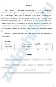 Газ - воздух с начальной температурой t1 = 27°С сжимается в одноступенчатом поршневом компрессоре от давления р1 = 0,1 МПа до давления р2. Сжатие может происходить по изотерме, по адиабате и по политропе с показателем политропы n. Определить для каждого из трех процессов сжатия конечную температуру газа t2; отведенную от газа теплоту Q, кВт и теоретическую мощность компрессора, если его производительность G. Дать сводную таблицу результатов расчетов и изображение процессов сжатия в рυ-  и Ts - диаграммах.