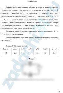 Паровая холодильная машина работает по циклу с дросселированием. Температура кипения в испарителе t0, температура в конденсаторе tk. В компрессор поступает пар с температурой t1. Рабочее тело перед регулирующим вентилем переохлаждается до t5. Определить параметры (p, υ, t, h, s, x) узловых точек цикла, количество отведенной и подведенной теплоты, работу, теоретическую мощность привода компрессора, полную холодопроизводительность и холодильный коэффициент машины, если количество циркулирующего рабочего тела M