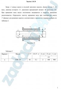 Зазор А между валом и втулкой заполнен маслом. Длина втулки L. К валу, диаметр которого D, приложен вращающий момент M (рисунок 14). При вращении вала масло постепенно нагревается и скорость вращения увеличивается. Определить частоту вращения вала при температуре масла T.
