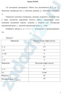 Газ политропно расширяется. Объем газа увеличивается от V1 до V2. Начальная температура газа t1, начальное давление p1. Показатель политропы n. Определить конечные температуру, давление, энтропию и эксергию газа, а также количество переданной теплоты, работу, совершенную газом, изменение внутренней энергии, энтропии и эксергии газа. Температура окружающей среды tос, давление окружающей среды рос=1 бар. Изобразить процесс в р-υ и T-s - координатах и проанализировать его