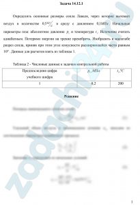 Определить основные размеры сопла Лаваля, через которое вытекает воздух в количестве 0,5 кг/c в среду с давлением 0,1 МПа. Начальные параметры газа: абсолютное давление р1 и температура t1. Истечение считать адиабатным. Потерями энергии на трение пренебречь. Изобразить в масштабе разрез сопла, приняв при этом угол конусности расширяющейся части равным 10º