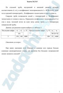 По стальной трубе, внутренний и внешний диаметр которой соответственно d1 и d2, а коэффициент теплопроводности λ = 40 Вт/(м·К), течёт газ со средней температурой t1. Коэффициент теплоотдачи от газа к стенке α1. Снаружи труба охлаждается водой с температурой t2. Коэффициент теплоотдачи от стенки к воде α2. Определить коэффициент теплопередачи К от газа к воде, тепловой поток на один метр длины трубы ql и температуры поверхностей трубы.