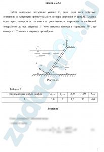 Найти начальное подъемное усилие T, если сила тяги действует нормально к плоскости прямоугольного затвора шириной b (рис.5). Глубина воды перед затвором h1, за ним - h2, расстояние по вертикали от свободной поверхности до оси шарнира a. Угол наклона затвора к горизонту 60º, вес затвора G. Трением в шарнире пренебречь