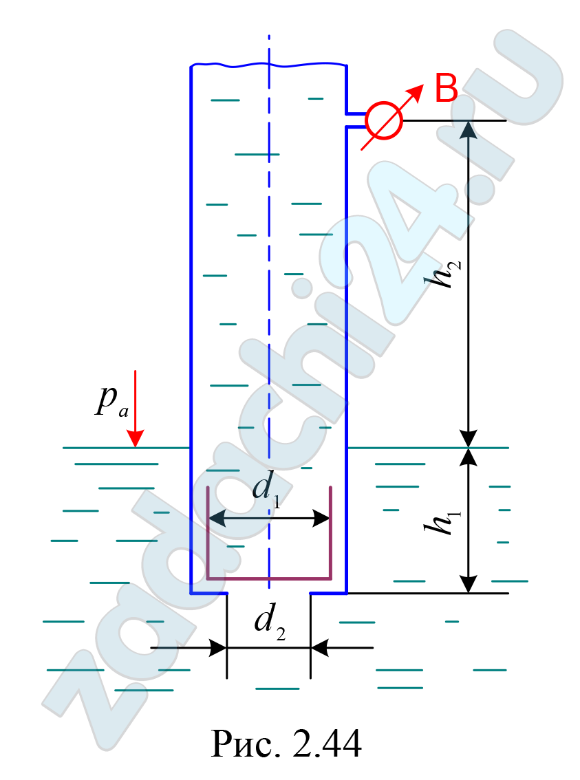 Во всасывающем трубопроводе центробежного насоса на входе установлен обратный клапан в виде диска диаметром d1, который перекрывает входное отверстие диаметром d2 для пропуска воды (рис. 2.44). Трубопровод заглублён на уровень h1. Определить, каким должно быть показание вакуумметра В (рвак) на высоте h2 для открытия клапана в момент пуска насоса. Атмосферное давление ра = 740 мм рт. ст.