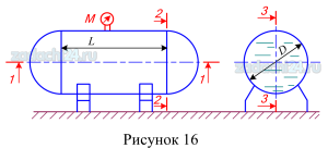 Горизонтальный цилиндрический резервуар (рисунок 16), закрытый полусферическими днищами, заполнен жидкостью Ж. Длина цилиндрической части резервуара L, диаметр D. Манометр M показывает манометрическое давление рм. Температура жидкости 20 ºС. Определить силы, разрывающие резервуар по сечениям: 1-1, 2-2 и 3-3. Данные для решения задачи в соответствии с вариантом задания выбрать из таблицы 4.