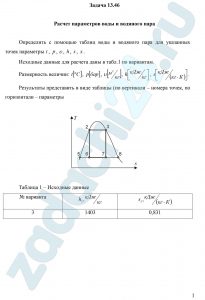 Расчет параметров воды и водяного пара Определить с помощью таблиц воды и водяного пара для указанных точек параметры t, p, υ, h, s, x. Исходные данные для расчета даны в табл.1 по вариантам. Размерность величин: t [ºC], р [бар], υ [м³/кг], h [кДж/кг], s [кДж/(кг·К)]. Результаты представить в виде таблицы (по вертикали – номера точек, по горизонтали – параметры