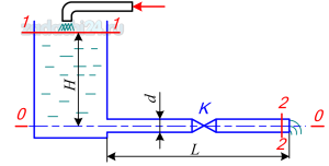 По трубе постоянного сечения из открытого резервуара (рисунок 1.1) вода вытекает в атмосферу под постоянным напором Н. На середине трубы длиной L и диаметром d установлен кран K. Определить скорость и расход вытекающей воды. Построить напорную и пьезометрическую линии. При определении потерь напора принять коэффициенты трения λ=0,04; входа ζвх=0,5; крана ζкр=5. Значение принять по последней цифре шифра.