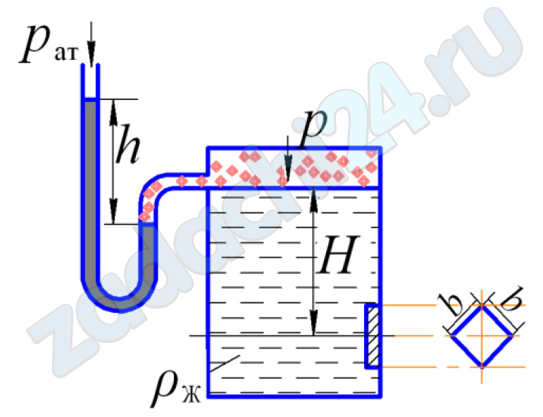 В вертикальной стенке закрытого резервуара, заполненного жидкостью, имеется квадратное отверстие со стороной b. Определить величину и точку приложения силы давления жидкости на крышку, перекрывающую это отверстие, если заданы глубина H и показание ртутного U-образного манометра, подключенного к резервуару, h.