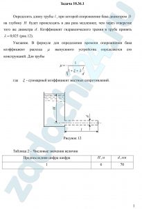 Определить длину трубы l, при которой опорожнение цилиндрического бака диаметром D на глубину H будет происходить в два раза медленнее, чем через отверстие того же диаметра d. Коэффициент гидравлического трения в трубе принять λ=0,025 (рис.12). Указание. В формуле для определения времени опорожнения бака коэффициент расхода μ выпускного устройства определяется его конструкцией. Для трубы