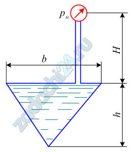 Определить силу, действующую на каждую из четырех стенок сосуда, имеющего форму перевернутой правильной пирамиды, если рм=0,5 МПа, Н=4 м и h=1,2 м; каждая сторона основания пирамиды b=0,8 м. Плотность жидкости ρ=800 кг/м³.