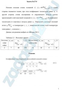 Плоская стальная стенка толщиной δ1 (λ1=40 Вт/(м·К)) с одной стороны омывается газами; при этом коэффициент теплоотдачи равен α1. С другой стороны стенка изолирована от окружающего воздуха плотно прилегающей к ней пластиной толщиной δ2 (λ2=0,15 Вт/(м·К). Коэффициент теплоотдачи от пластины к воздуху равен α2. Определить удельный тепловой поток q, Вт/м² и температуры t1, t2, t3 поверхностей стенок, если температура газов равна tг, а воздуха - tв