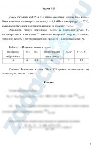 Смесь, состоящая из СО2 и СО, задана массовыми  долями (mCO2 и mCO). Имея начальные параметры – давление р1 = 0,5 МПа и температуру t1 = 27 ºС, смесь расширяется при постоянном давлении до объема V2 = ρV1. Определить газовую постоянную смеси, ее начальный объем V1, параметры смеси в состоянии 2, изменение внутренней энергии, энтальпии, энтропии, теплоту и работу расширения в процессе 1-2, если масса смеси М.