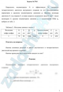 Определить индикаторную Ni и эффективную Ne мощность четырехтактного двигателя внутреннего сгорания по его конструктивным параметрам и среднему индикаторному давлению рi. Диаметр цилиндра двигателя D, ход поршня S, угловая скорость коленчатого вала Ω, мин-1, число цилиндров Z, среднее индикаторное давление рi и механический КПД ηм