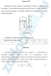 Определить расход керосина, вытекающего из бака по трубопроводу диаметром d, если избыточное давление воздуха в баке p0; высота уровня H0; высота подъема керосина в пьезометре, открытом в атмосферу H. Потерями энергии пренебречь.