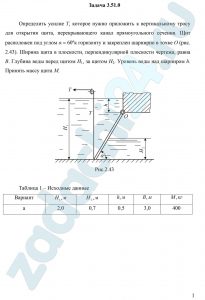 Определить усилие Т, которое нужно приложить к вертикальному тросу для открытия щита, перекрывающего канал прямоугольного сечения. Щит расположен под углом α=60º к горизонту и закреплен шарнирно в точке О