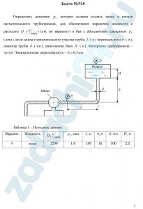 Определить давление р1, которое должен создать насос в начале нагнетательного трубопровода, для обеспечения перекачки жидкости с расходом Q (л/мин) (см. по варианту) в бак с абсолютным давлением р2