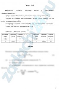 Определить плотность теплового потока q, передаваемого теплопроводностью: 1) через однослойную плоскую металлическую стенку толщиной δc; 2) через двухслойную плоскую стенку: первая стенка покрыта плоским слоем изоляции толщиной δи. Температуры внешних поверхностей tc1 и tc2 в обоих случаях одинаковы.