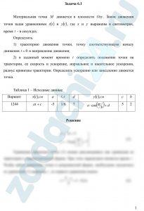 Материальная точка М движется в плоскости Oxy. Закон движения точки задан уравнениями x(t) и y(t), где x и y выражены в сантиметрах, время t - в секундах. Определить: 1) траекторию движения точки, точку соответствующую началу движения t=0 и направление движения; 2) в заданный момент времени t определить положение точки на траектории, ее скорость и ускорение, нормальное и касательное ускорения, радиус кривизны траектории. Определить ускоренно или замедленно движется точка.