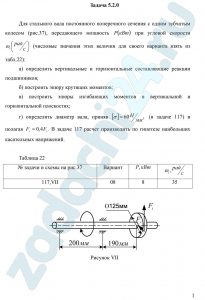 Для стального вала постоянного поперечного сечения с одним зубчатым колесом (рис.37), передающего мощность Р (кВт) при угловой скорости ω1 (рад/c) (числовые значения этих величин для своего варианта взять из табл.22): а) определить вертикальные и горизонтальные составляющие реакции подшипников; б) построить эпюру крутящих моментов; в) построить эпюры изгибающих моментов в вертикальной и горизонтальной плоскостях; г) определить диаметр вала, приняв [σ]=60 Н/мм² (в задаче 117) и полагая Fr=0,4Ft.