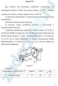 Для стального вала постоянного поперечного сечения (рис.7.17), передающего мощность Р (кВт)  при угловой скорости ω (рад/c) (числовые значения этих величин для своего варианта взять из табл.7.4): а) определить вертикальные и горизонтальные составляющие реакции подшипников; б) построить эпюру крутящих моментов; в) построить эпюры изгибающих моментов в вертикальной и горизонтальной плоскостях; г) определить диаметр вала, приняв [σ]=70 МПа (в задачах 41, 43, 45, 47, 49) или [σ]=60 МПа (в задачах 42, 44, 46, 48, 50). Для усилий, действующих на зубчатое колесо, принять Fr=0,36Ft, для натяжения ремней S1=2S2. В задачах 42, 44, 46, 48, 50  расчет производить по гипотезе потенциальной энергии формоизменения, а в задачах 41, 43, 45, 47, 49 по гипотезе наибольших касательных напряжений.