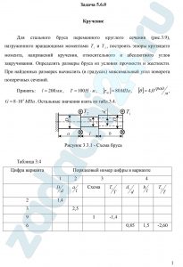 Для стального бруса переменного круглого сечения (рис.3.9), нагруженного вращающими моментами Т1 и Т2, построить эпюры крутящего момента, напряжений кручения, относительного и абсолютного углов закручивания. Определить размеры бруса из условия прочности и жесткости. При найденных размерах вычислить (в градусах) максимальный угол поворота поперечных сечений. Принять: l=200 мм, Т=100 Н·м, [τкр]=80 МПа, [θ]=4,0 град/м, G=8·104 МПа.