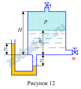 К дну резервуара присоединен U-образный пьезометр, один конец которого открыт и сообщается с атмосферой (рис. 12). В резервуар по трубопроводу М нагнетается жидкость Ж. Считая, что в начальный момент давление в резервуаре было атмосферным, определить высоту столба жидкости h в резервуаре, если ртуть в левой трубке пьезометра поднялась на z по сравнению с первоначальным положением, а в правой опустилась на ту же величину, уступив место жидкости. Высота резервуара H. Процесс считать изотермическим.