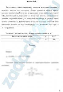 Для идеального цикла поршневого двигателя внутреннего сгорания с подводом теплоты при постоянном объеме определить степень сжатия, основные параметры рабочего тела в переходных точках цикла, термический КПД, полезную работу, подведенную и отведенную теплоту, если повышение давления в процессе сжатия β и понижение температуря в процессе отвода теплоты составляет Δt. Рабочее тело (1 кг сухого воздуха) в начальной точке цикла имеет давление 0,1 МПа и температуру 67 ºС. Изобразить цикл в рυ- и Ts - координатах