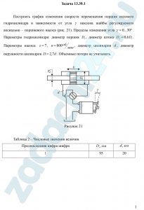 Построить график изменения скорости перемещения поршня силового гидроцилиндра в зависимости от угла γ наклона шайбы регулируемого аксиально – поршневого насоса (рис. 21). Пределы изменения угла γ=0...30º. Параметры гидроцилиндра: диаметр поршня D1, диаметр штока D2=0,6D1. Параметры насоса: z=7, n=800 об/мин, диаметр цилиндров d, диаметр окружности цилиндров D=2,7d. Объемные потери не учитывать