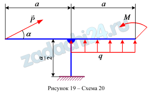 Плоская произвольная система сил Тело нагружено заданными нагрузками Р, q, M. Определить реакции связей. Схемы заданий приведены на рис. 19. Для всех вариантов Р=20 кН, q=5 кН/м, М=10 кН·м, а=2 м, α=30º. Примечания: Обозначения нагрузок, размеров и углов см. на схемах в верхней и нижних частях рис. 19.