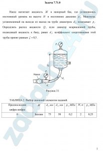 Насос нагнетает жидкость Ж в напорный бак, где установились постоянный уровень на высоте Н и постоянное давление р2. Манометр, установленный на выходе из насоса на трубе диаметром d1, показывает p1. Определить расход жидкости Q, если диаметр искривленной трубы, подводящей жидкость к баку, равен d2; коэффициент сопротивления этой трубы принят равным ξ=0,5