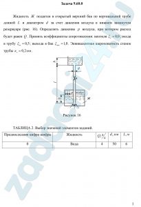 Жидкость Ж подается в открытый верхний бак по вертикальной трубе длиной L и диаметром d за счет давления воздуха в нижнем замкнутом резервуаре (рис. 16). Определить давление p воздуха, при котором расход будет равен Q. Принять коэффициенты сопротивления: вентиля ξв=8,0; входа в трубу ξвх=0,5; выхода в бак ξвых=1,0. Эквивалентная шероховатость стенок трубы кэ=0,2 мм