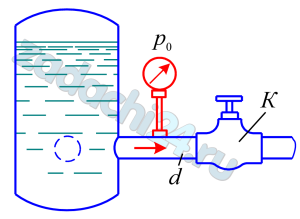 От бака, в котором с помощью насоса поддерживается постоянное давление жидкости, отходит трубопровод диаметром d=50 мм. Между баком и краном К на трубопроводе установлен манометр. При закрытом положении крана р0=0,5 МПа. Найти связь между расходом жидкости в трубопроводе Q и показанием манометра p при разных открытиях крана, приняв коэффициент сопротивления входного участка трубопровода (от бака до манометра) равным ζ=0,5. Плотность жидкости ρ=800 кг/м³. Подсчитать расход жидкости при полном открытии крана, когда показание манометра равно р=0,485 МПа.