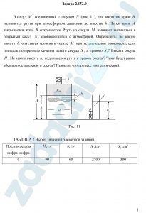 В сосуд М, соединенный с сосудом N (рис. 11), при закрытом кране В наливается ртуть при атмосферном давлении до высоты h. Затем кран A закрывается, кран B открывается. Ртуть из сосуда M начинает выливаться в открытый сосуд N, сообщающийся с атмосферой. Определить: на какую высоту h1 опустится уровень в сосуде M при установлении равновесия, если площадь поперечного сечения левого сосуда S1, а правого S2? Высота сосуда H. На какую высоту h2 поднимается ртуть в правом сосуде? Чему будет равно абсолютное давление в сосуде? Принять, что процесс изотермический