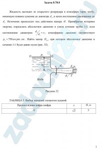 Жидкость вытекает из открытого резервуара в атмосферу через трубу, имеющую плавное сужение до диаметра d1, а затем постепенное расширение до d2. Истечение происходит под действием напора H. Пренебрегая потерями энергии, определить абсолютное давление в узком сечении трубы 1-1, если соотношение диаметров d2/d1=x; атмосферное давление соответствует ра=750 мм рт. ст. Найти напор Нкр, при котором абсолютное давление в сечении 1-1 будет равно нулю