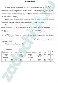 Стенка котла толщиной δ и теплопроводностью λ=50 Вт/(м·К) омывается с одной стороны дымовыми газами с температурой tж1, а с другой – кипящей водой при температуре tж2. Коэффициент теплоотдачи от газов к стенке α1, а от стенки к воде α2. Определить коэффициент теплопередачи от газов к воде, плотность теплового потока и температуры поверхностей стенки толщиной δ. Решить задачу при условии, что стенка покрылась со стороны газов слоем сажи толщиной δс, а со стороны воды – слоем накипи толщиной δн. Коэффициент теплопроводности сажи λс=0,08 Вт/(м·К), а накипи λн=0,5 Вт/(м·К). Сравнить результаты расчетов. Определить уменьшение плотности теплового потока. Построить график распределения температур по толщине стенки.