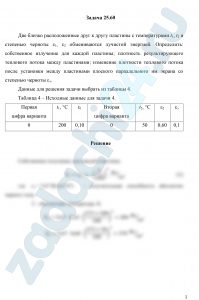 Две близко расположенные друг к другу пластины с температурами t1, t2 и степенью черноты ε1, ε2 обмениваются лучистой энергией. Определить: собственное излучение для каждой пластины; плотность результирующего теплового потока между пластинами; изменение плотности теплового потока после установки между пластинами плоского параллельного им экрана со степенью черноты εэ.