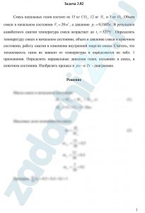 Смесь идеальных газов состоит из 15 кг СО2, 12 кг N2 и 3 кг О2. Объем смеси в начальном состоянии V1=20 м³, а давление р1=0,1 МПа. В результате адиабатного сжатия температура смеси возрастает до t2=327 ºC. Определить температуру смеси в начальном состоянии, объем и давление смеси в конечном состоянии, работу сжатия и изменение внутренней энергии смеси