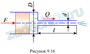 Поршень (рис. 9.16) диаметром D=75 мм вытесняет жидкость плотностью ρ=850 кг/м³ через трубопровод длиной l=1,2 м, диаметром d=12 мм. Определить гидравлический уклон, если к поршню приложена сила F=160 Н, а скорость в трубопроводе υ=1,7 м/c. Трением поршня о стенки цилиндра и местными потерями напора пренебречь.