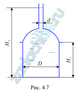 Цилиндрический резервуар (рис. 4.7) для хранения мазута диаметром D=4 м имеет полусферическую крышку и сообщается с атмосферой через трубку диаметром d=0,2 м. Определить вертикальную составляющую силы гидростатического давления мазута на крышку, если Н1=4 м, Н2=8 м, а плотность мазута ρ=890 кг/м³.