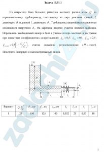 Из открытого бака больших размеров вытекает расход воды Q по горизонтальному трубопроводу, состоящему из двух участков длиной l1 диаметром d1 и длиной l2 диаметром d2. Трубопровод заканчивается конически сходящимся патрубком d3. На середине второго участка имеется задвижка. Определить необходимый напор в баке с учетом потерь местных и на трение при известных коэффициентах сопротивлений: ζвх=0,5; ζнас=0,1; ζзадв=2,5; ζвн.суж=0,5(1-d22/d21), считая движение установившемся (H=const). Поострить напорную и пьезометрическую линии