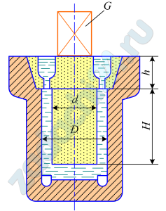 Определить минимальную силу тяжести груза G, который при заливке формы чугуном нужно положить на верхний стержень, чтобы предотвратить его всплывание. Вес стержней с учетом веса чугуна в литнике и выпоре G1=50 H. Плотность жидкого чугуна ρ=7000 кг/м³; размеры Н=200 мм; D=140 мм; h=80 мм; d=120 мм.