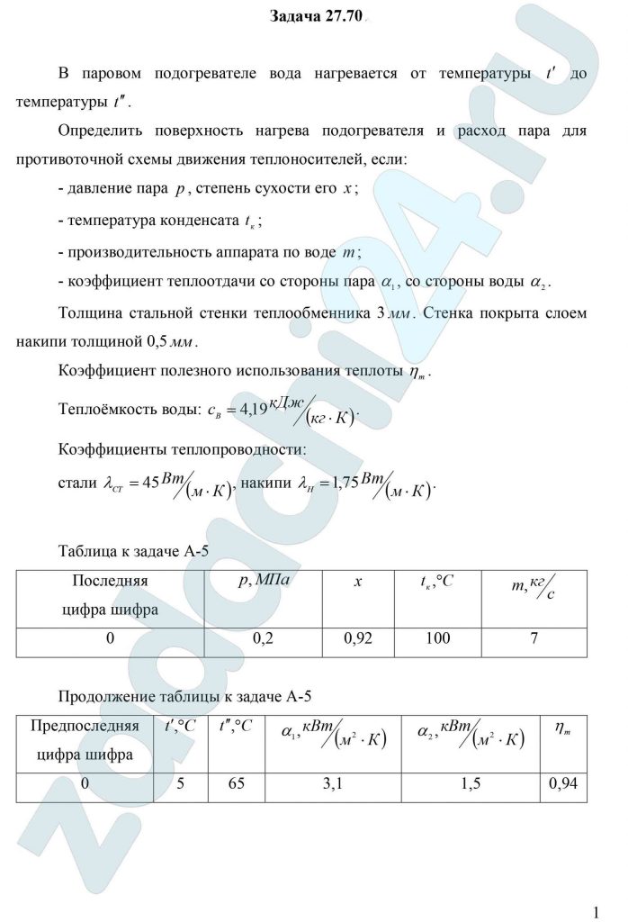 В паровом подогревателе вода нагревается от температуры t′ до температуры t″. Определить поверхность нагрева подогревателя и расход пара для противоточной схемы движения теплоносителей, если: - давление пара p, степень сухости его x; - температура конденсата tк; - производительность аппарата по воде m; - коэффициент теплоотдачи со стороны пара α1, со стороны воды α2. Толщина стальной стенки теплообменника 3 мм. Стенка покрыта слоем накипи толщиной 0,5 мм. Коэффициент полезного использования теплоты ηm. Теплоёмкость воды: сВ=4,19 кДж/(кг·К). Коэффициенты теплопроводности: стали λСТ=45 Вт/(м·К), накипи λН=1,75 Вт/(м·К).