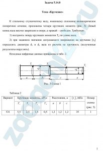 Тема «Кручение» К стальному ступенчатому валу, имеющему сплошное цилиндрическое поперечное сечение, приложены четыре крутящих момента (рис. 3). Левый конец вала жестко закреплен в опоре, а правый – свободен. Требуется: 1) построить эпюру крутящих моментов Tк по длине вала; 2) при заданном значении допускаемого напряжения на кручение [τк] определить диаметры d1 и d2 вала из расчета на прочность (полученные результаты округлить).