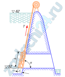 Плоский затвор, закрывающий выпускное отверстие в плотине, может перемещаться по ее стенке, наклоненной к горизонту под углом α=70º (отметки уровней даны в метрах). Размеры затвора: высота h=1,8 м; ширина b=2,4 м; толщина с=0,4 м; масса затвора m=2 т. Определить силу Т, необходимую для начального смещения закрытого затвора вверх, если коэффициент трения скольжения затвора в направляющих f=0,35.