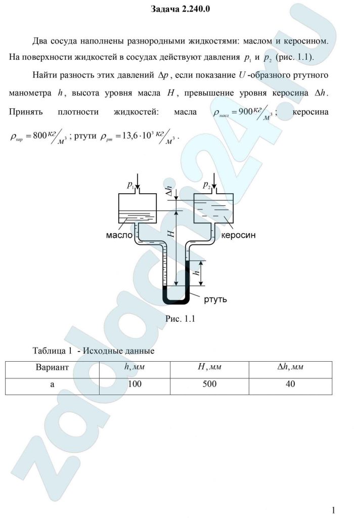 Два сосуда наполнены разнородными жидкостями: маслом и керосином. На поверхности жидкостей в сосудах действуют давления р1 и р2 (рис. 1.1). Найти разность этих давлений Δр, если показание U-образного ртутного манометра h, высота уровня масла H, превышение уровня керосина Δh. Принять плотности жидкостей: масла ρмасл=900 кг/м³; керосина ρкер=800 кг/м³; ртути ρрт=13,6·10³ кг/м³