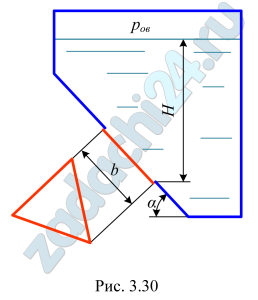 В наклонной стенке резервуара имеется треугольное отверстие, которое перекрывается щитом в форме равностороннего треугольника, высота которого b=2,5 м (рис. 3.30). Определить силу гидростатического давления воды на щит и глубину погружения центра давления, если Н=3,1 м, угол наклона щита к горизонту α=60º, а вакуумметрическое давление в резервуаре р0в=0,5·105 Па.