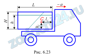 Определить расположение центра тяжести С бетонного раствора (hC и lC), залитого в закрытый кузов автомобиля, при его тормозном ускорении a=g (рис. 6.23). Считать, что кузов имеет форму параллелепипеда: L=2,88 м, Н=1,2 м, h=1,0 м.