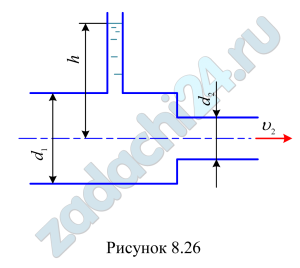 Трубопровод диаметром d1=100 мм заканчивается коротким отрезком трубопровода диаметром d2=20 мм, из которого вода вытекает в атмосферу со скоростью υ2=4,0 м/c (рис. 8.26). Определить показание пьезометра h, если потери напора hW=1,0 м.